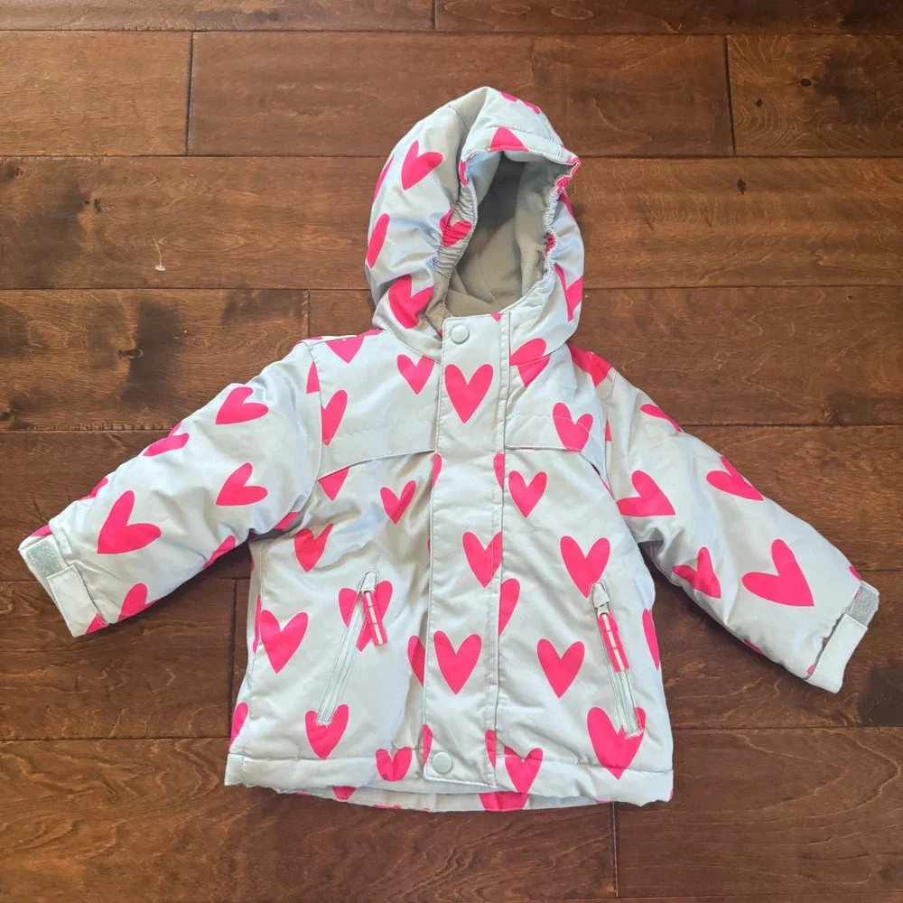 Cat & Jack Toddler Girls Light Blue Pink Heart Puffer Jacket Hooded Coat 18M
